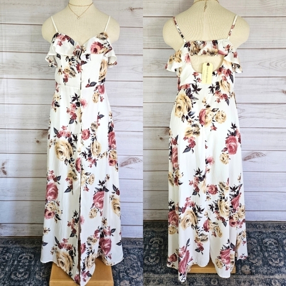 Band of Gypsies Semi Sheer Button Down Maxi Dress in White Floral Sz Large NWT - Picture 1 of 11